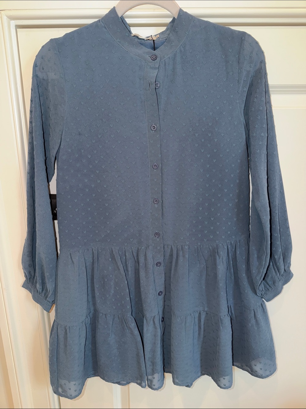 Girls heart shaped Swiss dot long sleeved drop waist dress, slate blue, NWT, 14